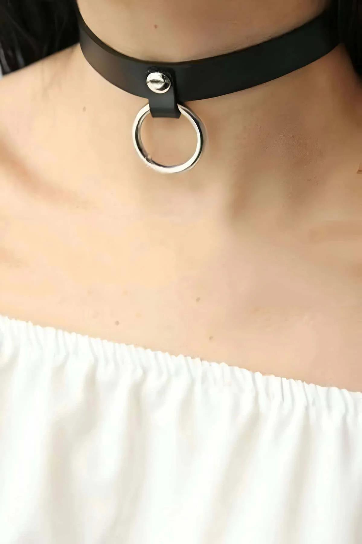 Black Faux Leather O-Ring Choker Necklace