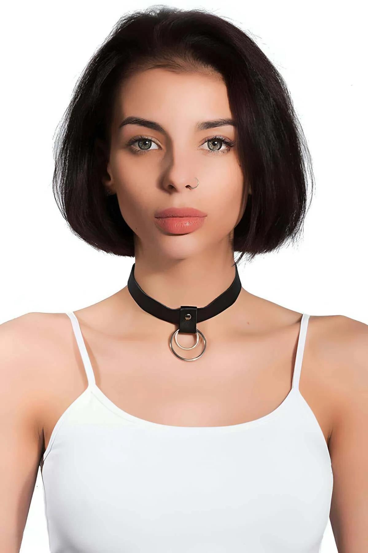 O-Ring Choker Necklace - Adjustable Black Faux Leather