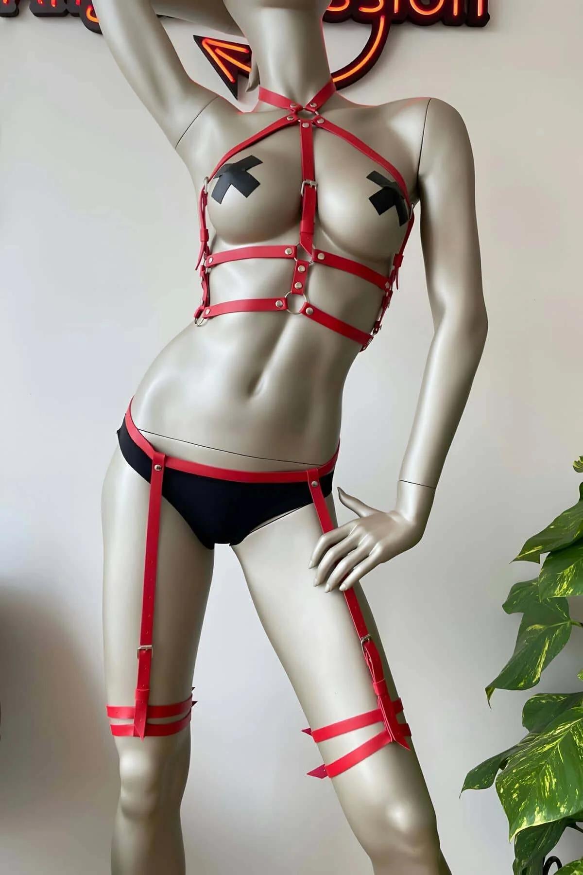 Adjustable Red Body Garter Harness Set - Faux Leather
