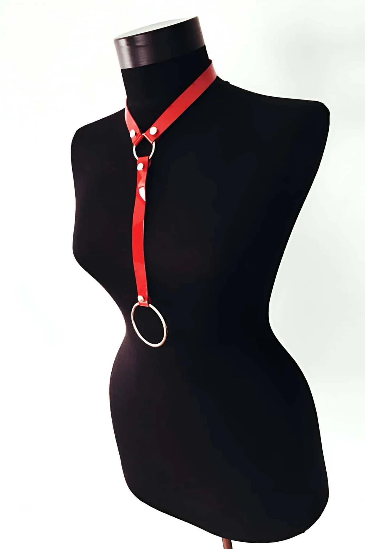 Red Body Harness Choker - Adjustable Faux Leather Top