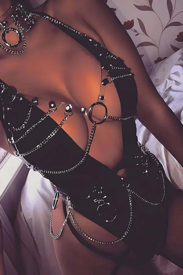 Chain-Draped Full Body Harness with Clear Straps