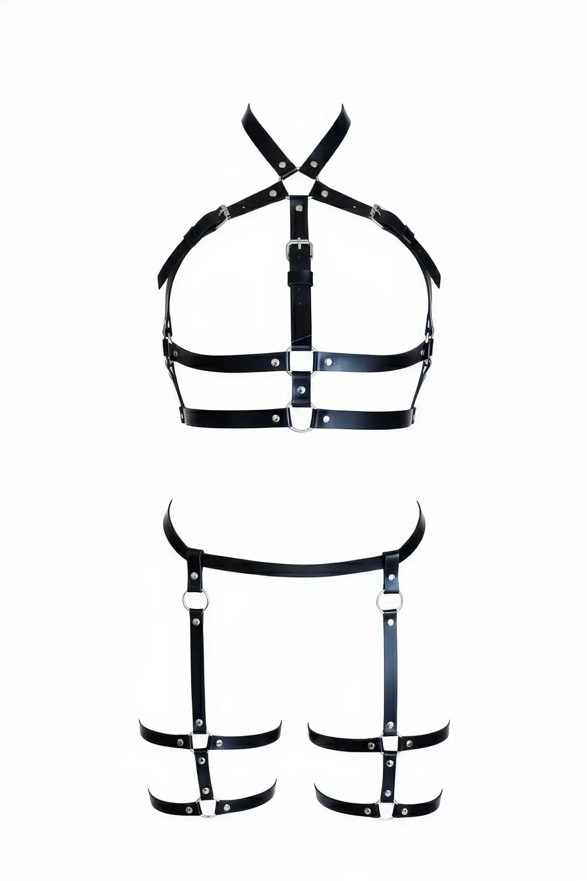 Caged Faux Leather Body Harness & Thigh Garter Set