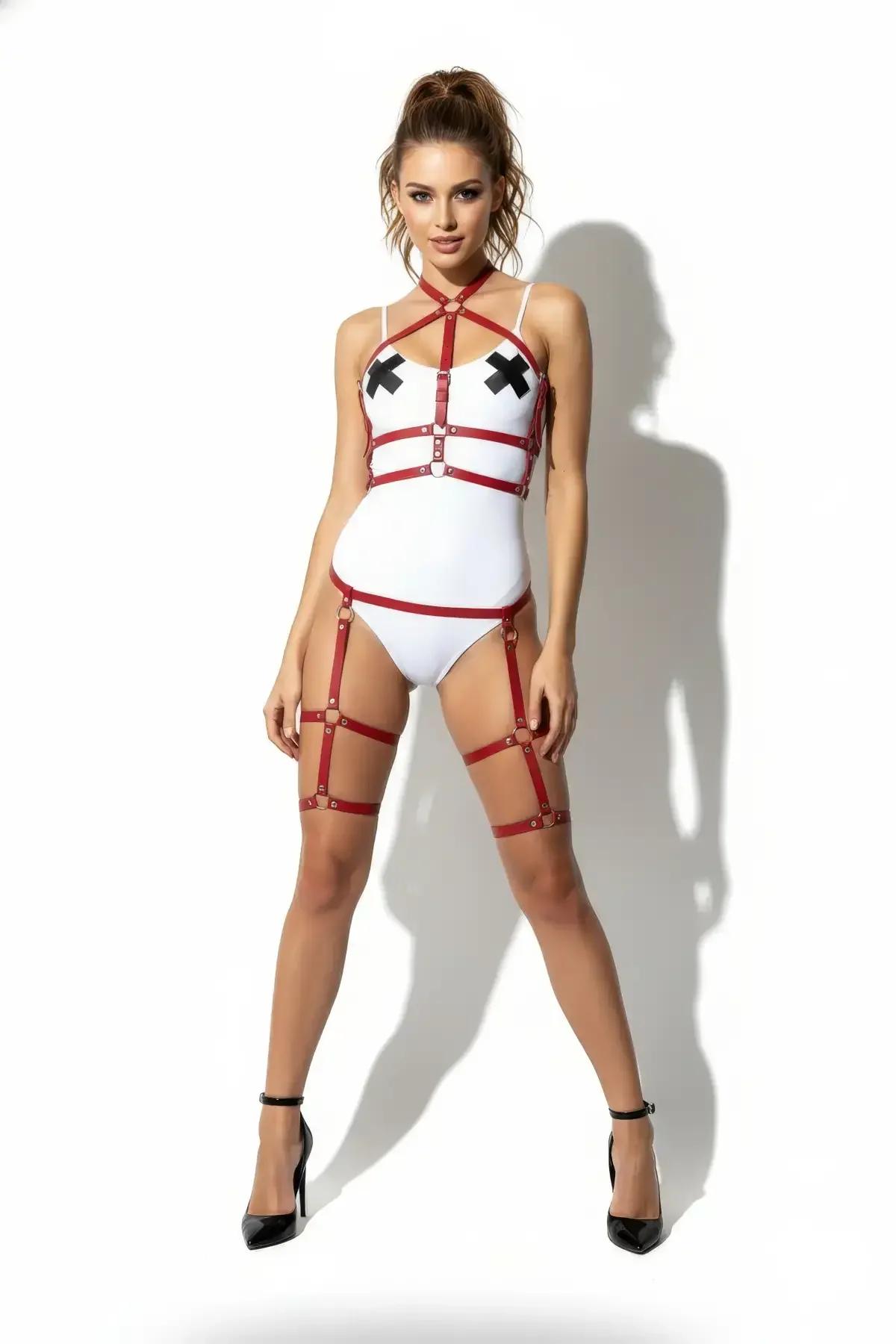 Red Vegan Leather Full Body Harness & Garter Set