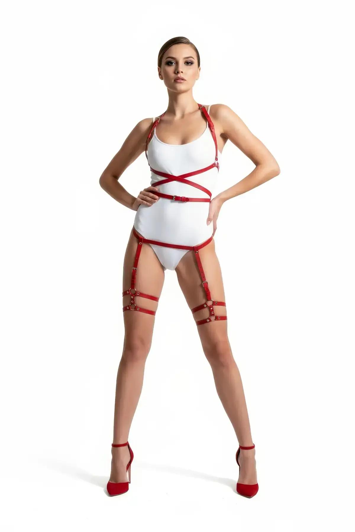 Red Cross-Strap Body Harness with Thigh Garters