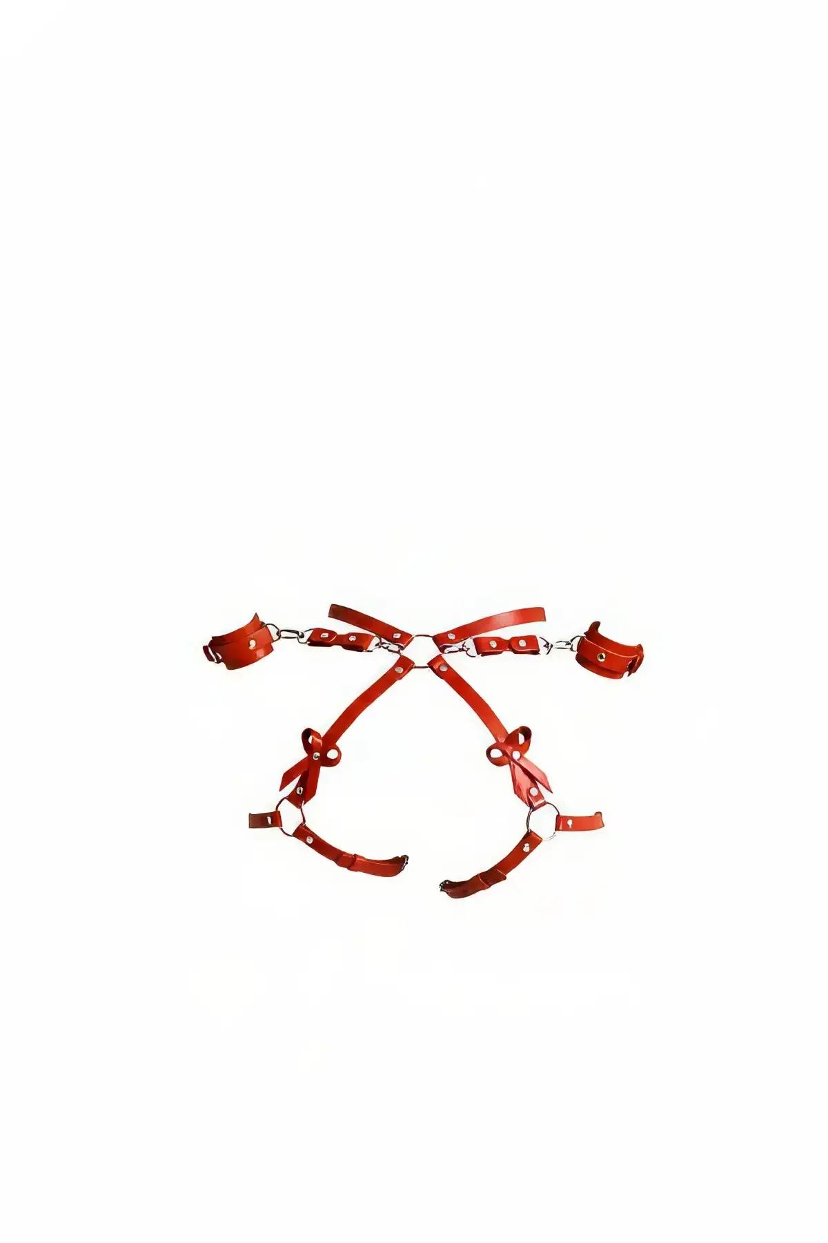 Red Faux Leather Body Harness with Detachable Cuffs