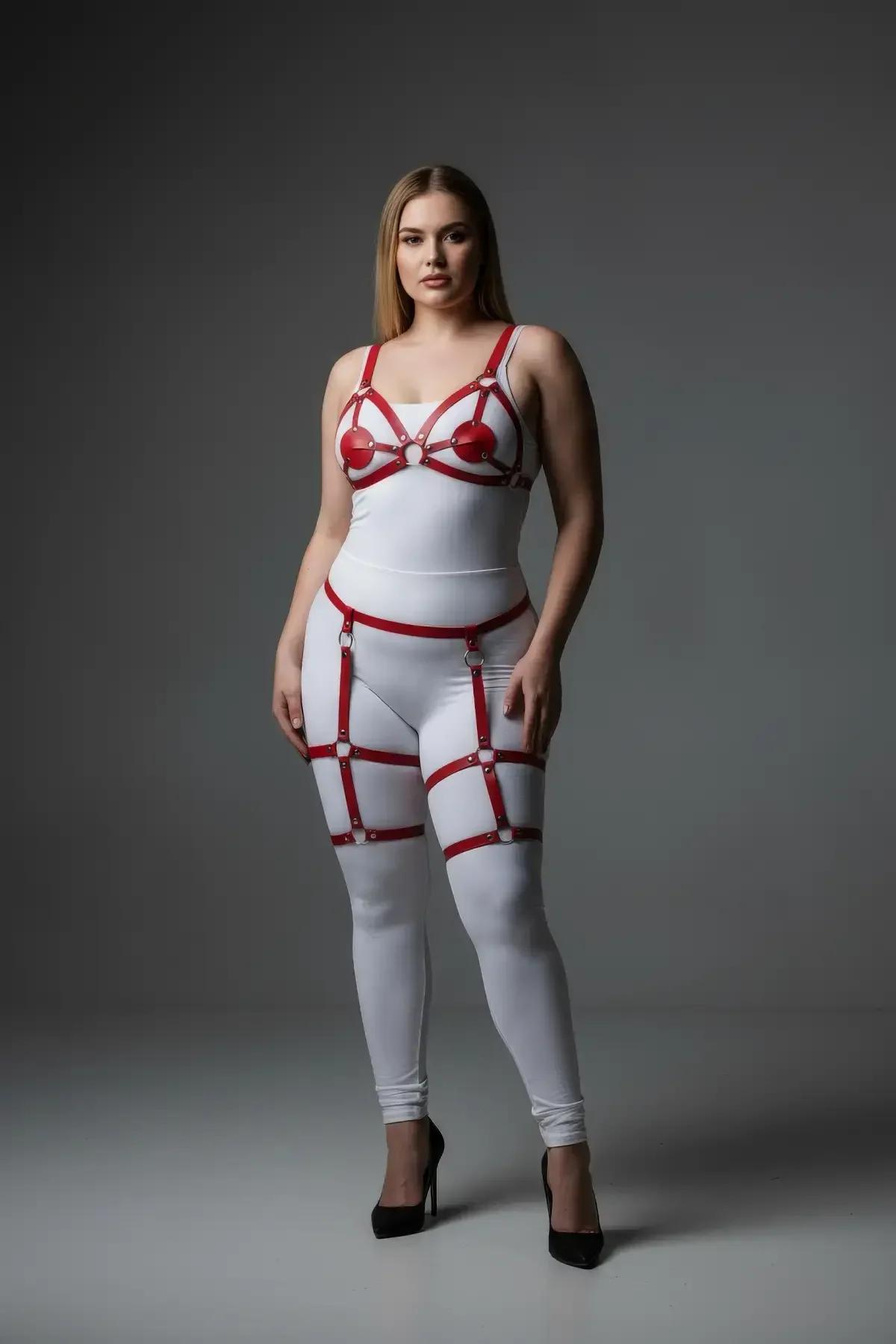 Strappy Red Harness with Garters & O-Ring Detail