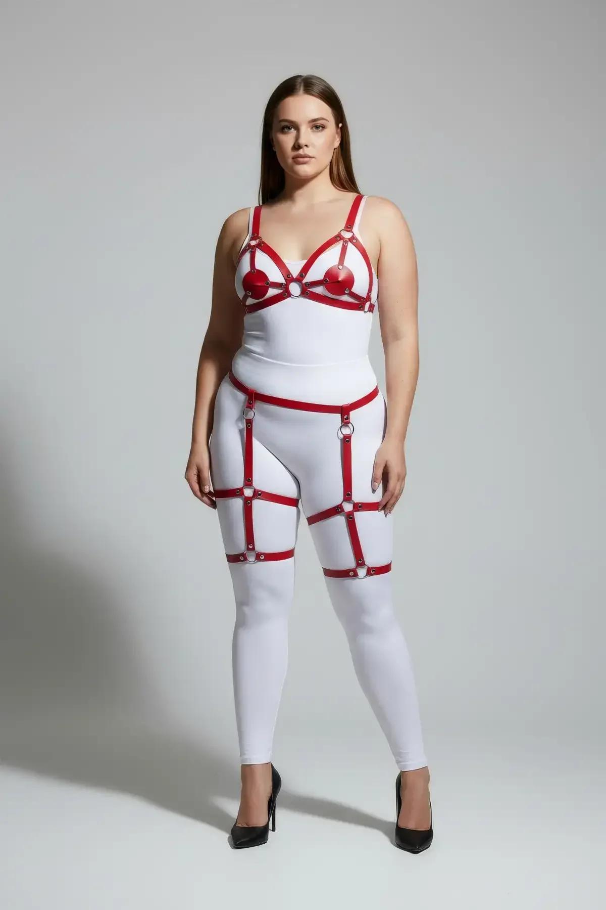 Strappy Red Harness with Garters & O-Ring Detail