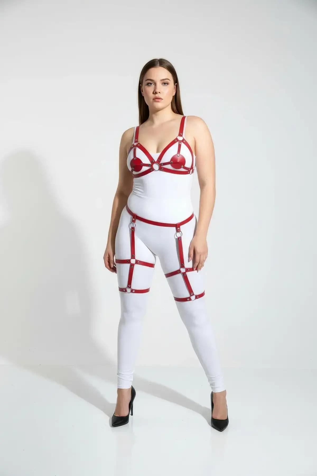 Strappy Red Harness with Garters & O-Ring Detail
