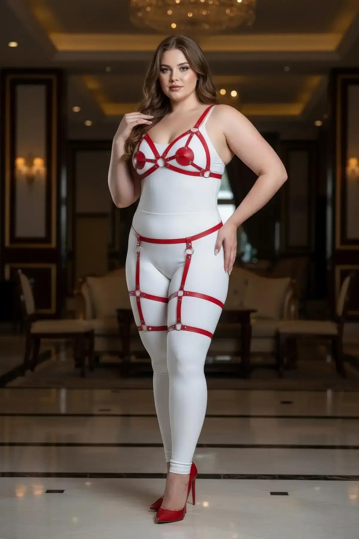 Strappy Red Harness with Garters & O-Ring Detail