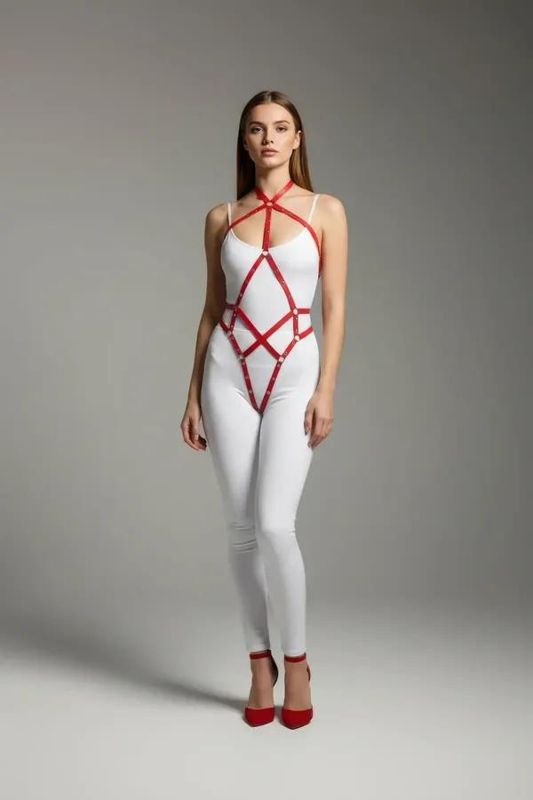Red Body Harness for Women - Shiny Faux Leather Adjustable Fashion Accessory