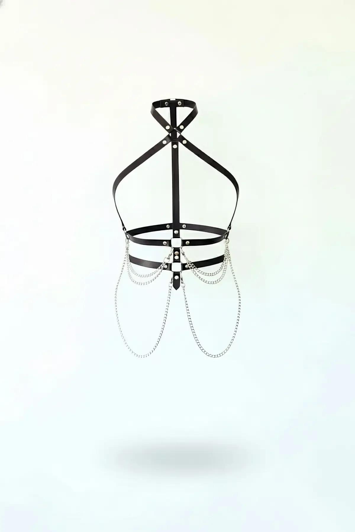Halter Neck Body Harness with Layered Silver Chains