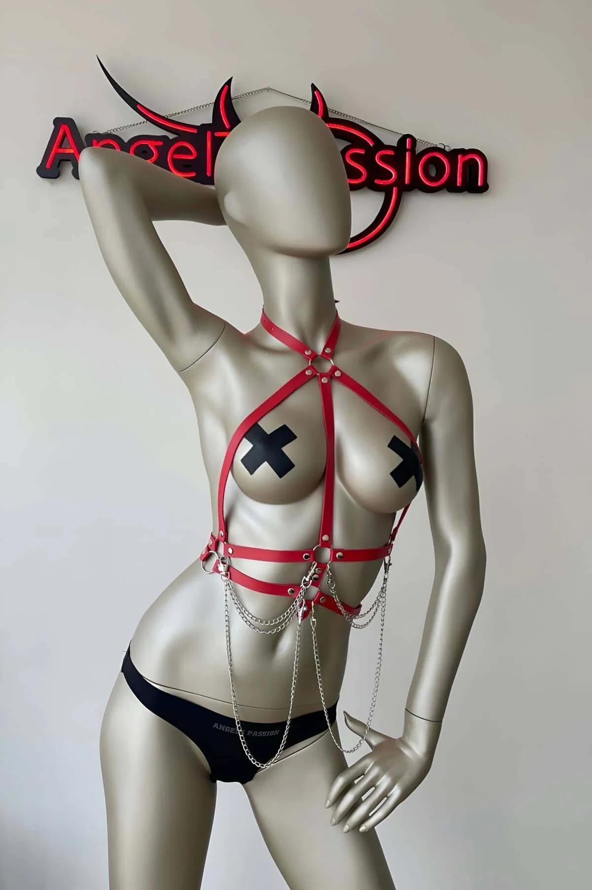 Red Body Harness | Adjustable Faux Leather and Chains