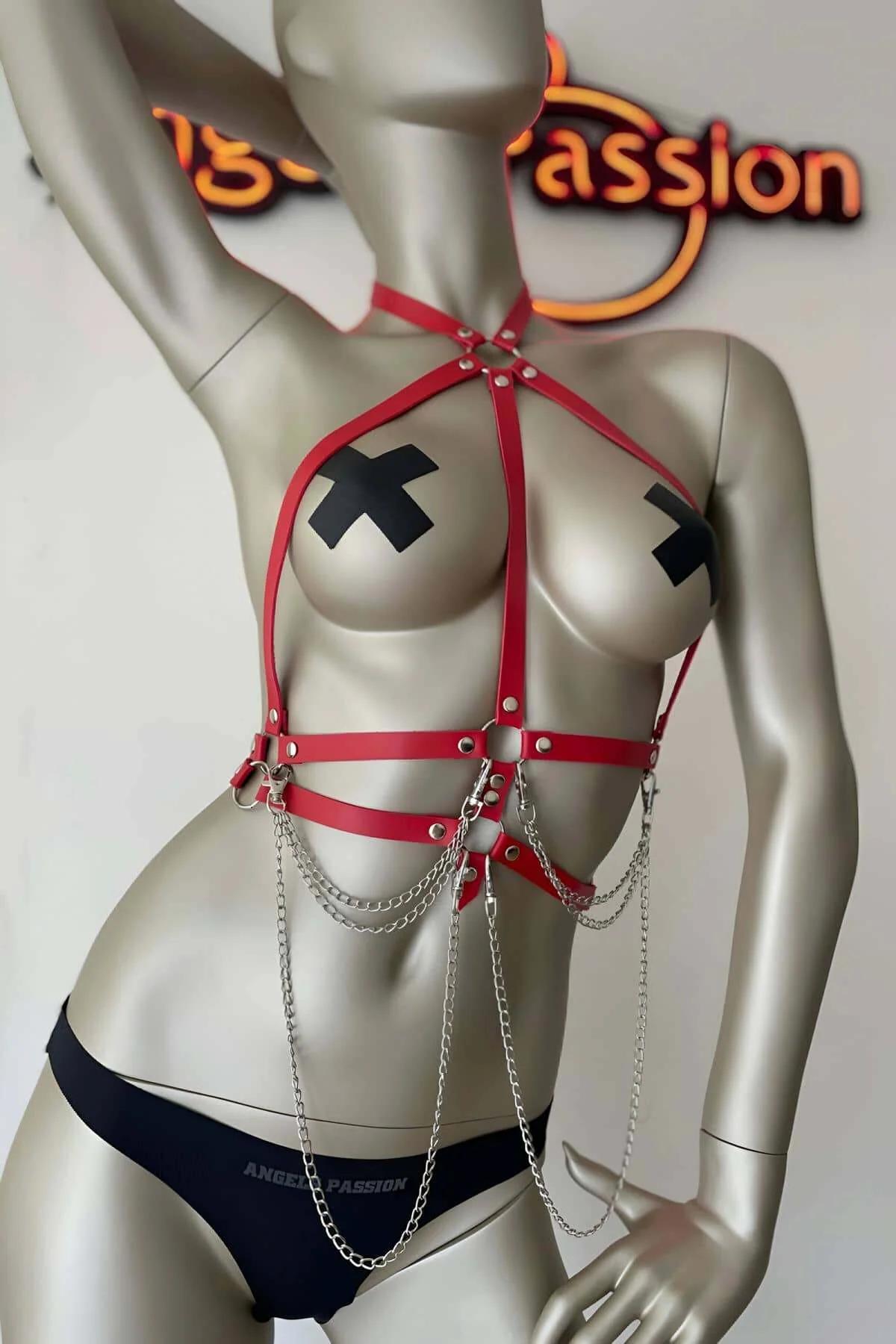 Red Body Harness | Adjustable Faux Leather and Chains