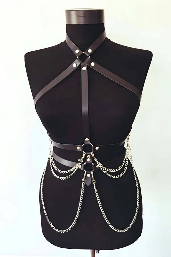 Adjustable Leather Body Harness with Chains for Women