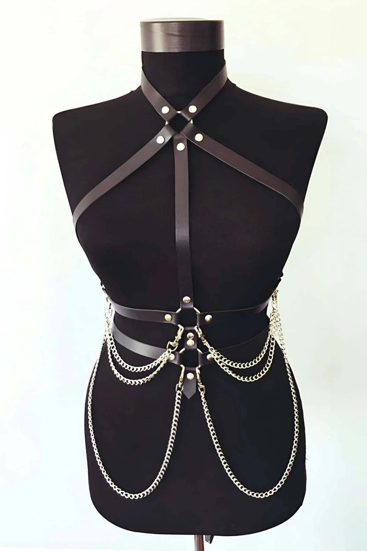 Adjustable Leather Body Harness with Chains for Women