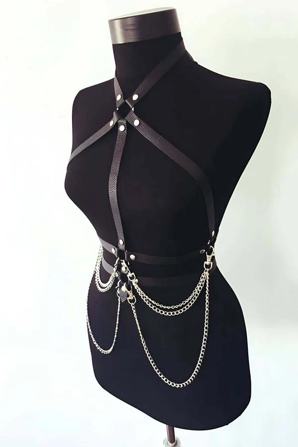 Adjustable Leather Body Harness with Chains for Women