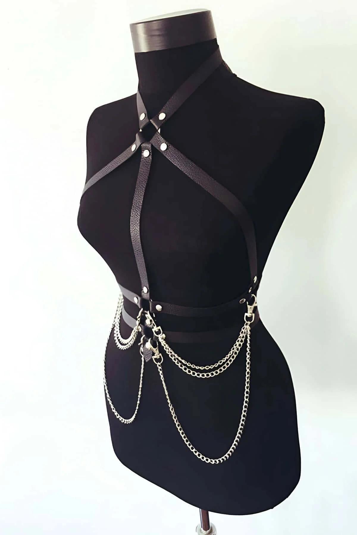 Adjustable Leather Body Harness with Chains for Women