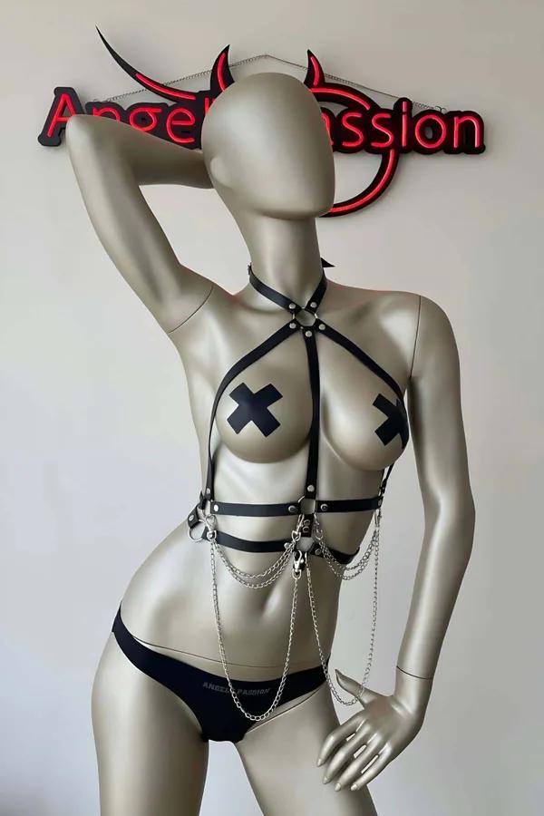 Adjustable Leather Chest Harness with Chains
