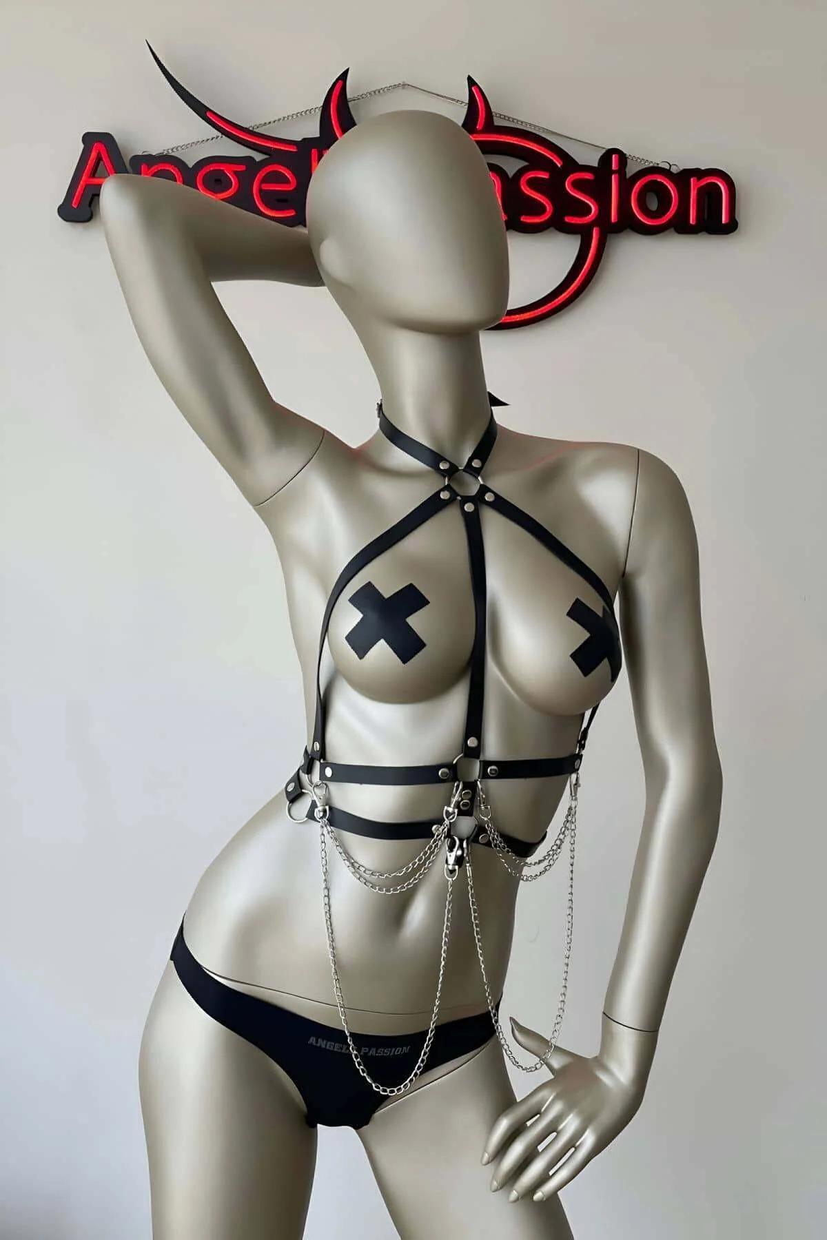Adjustable Leather Chest Harness with Chains