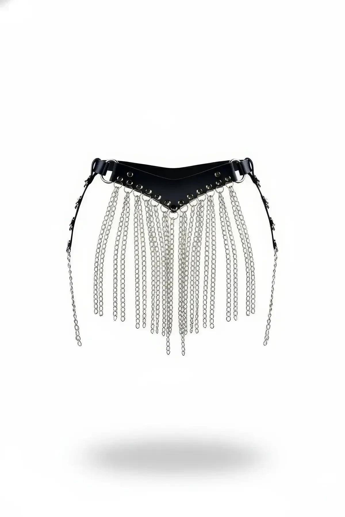 Faux Leather Waist Harness with Multi-Chain Fringe Skirt