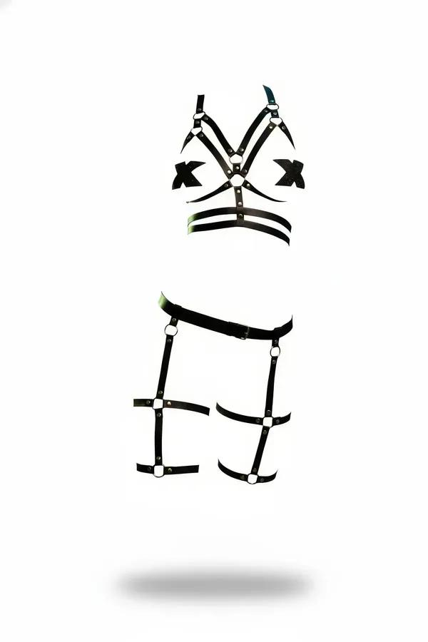 Faux Leather Full Body Harness with Thigh Garters