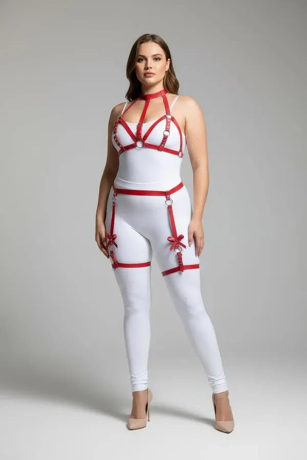 Red Faux Leather Garter Harness with Bow Detail