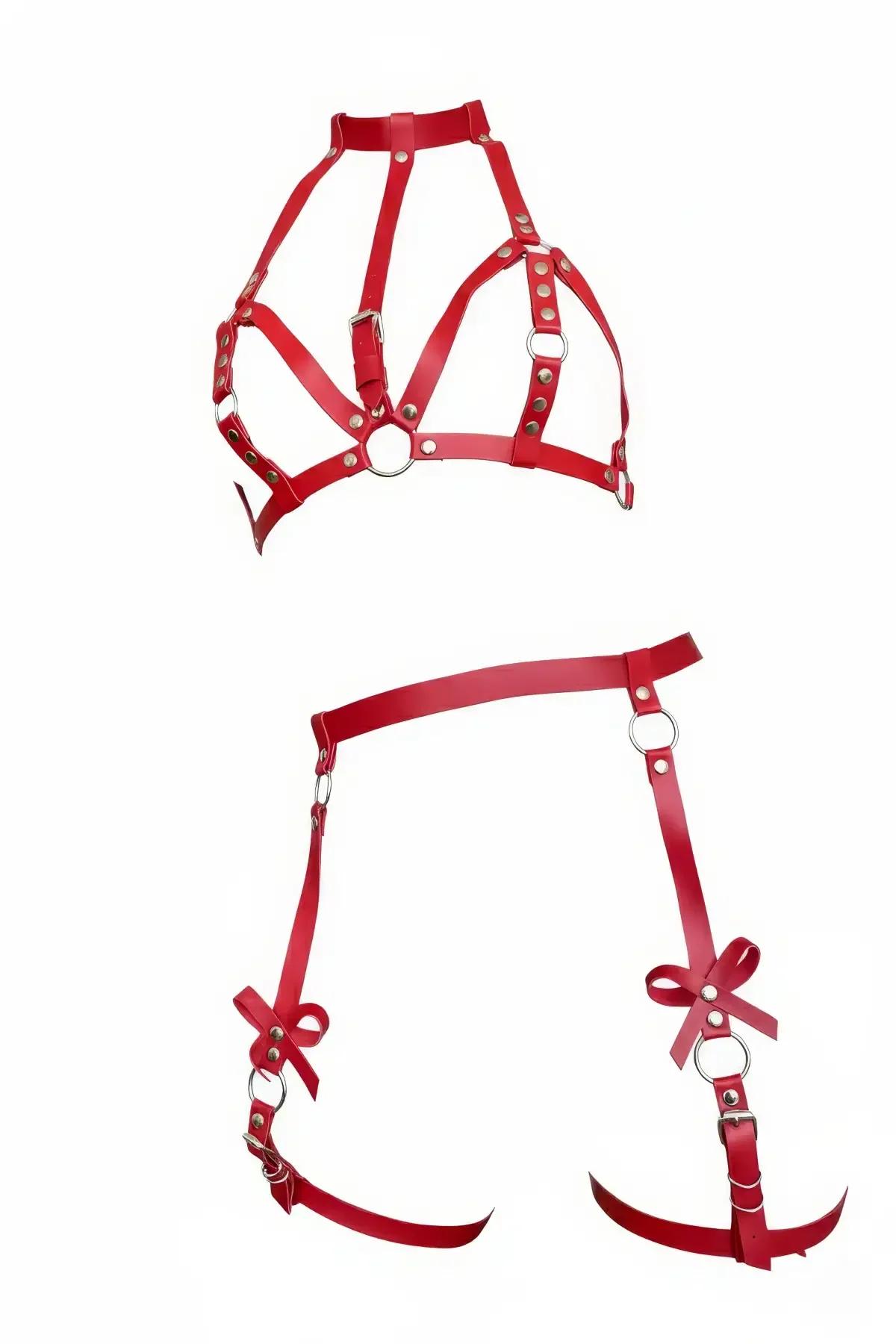 High-Collar Faux Leather Body Harness with Bow Garters