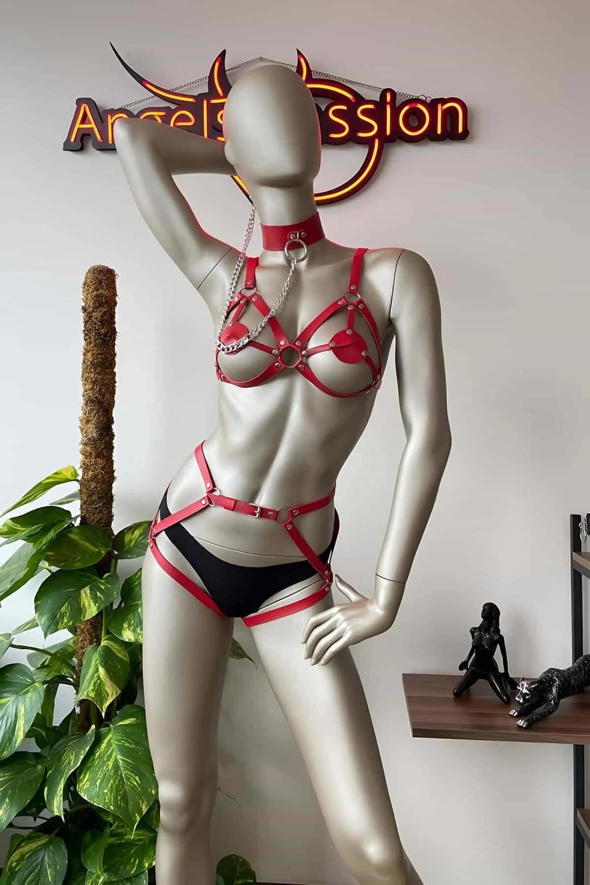 Red Leather Body Harness Set | Adjustable Choker & Leash