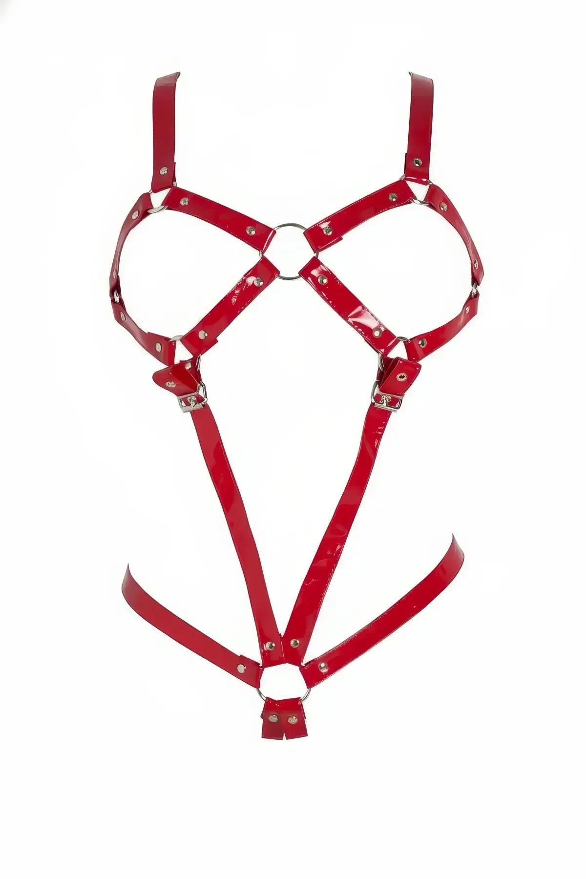 Red Body Harness Adjustable Shiny Faux Leather Fashion Accessory