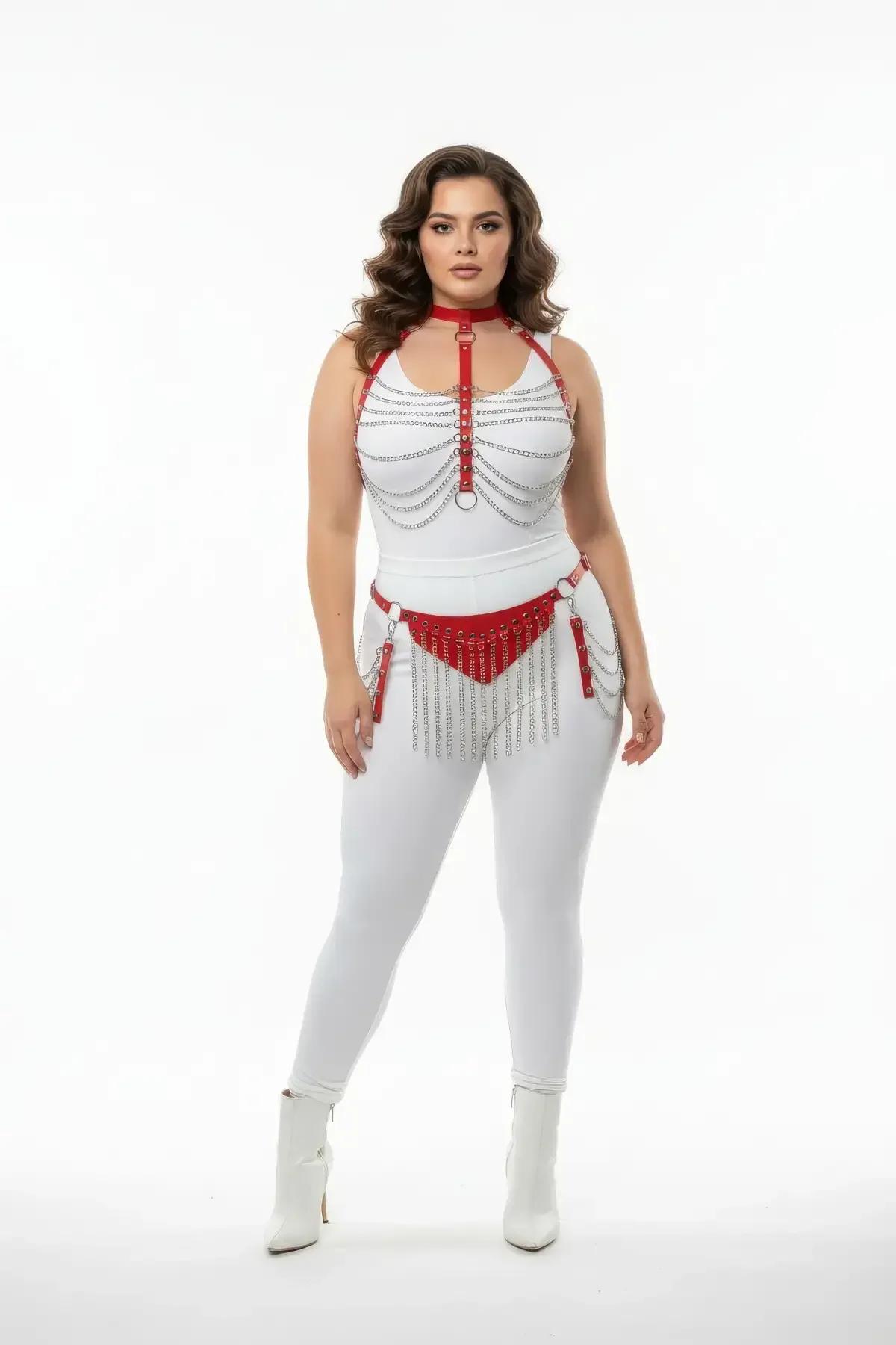 Red Faux Leather Harness Set with Chain Fringe
