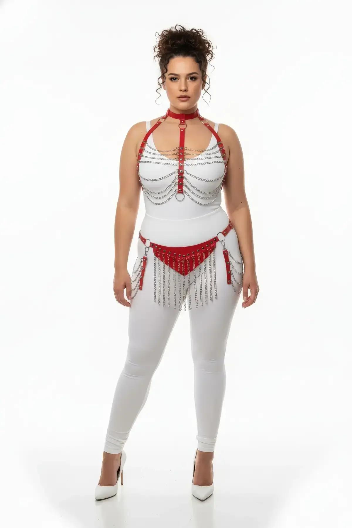 Red Faux Leather Harness Set with Chain Fringe