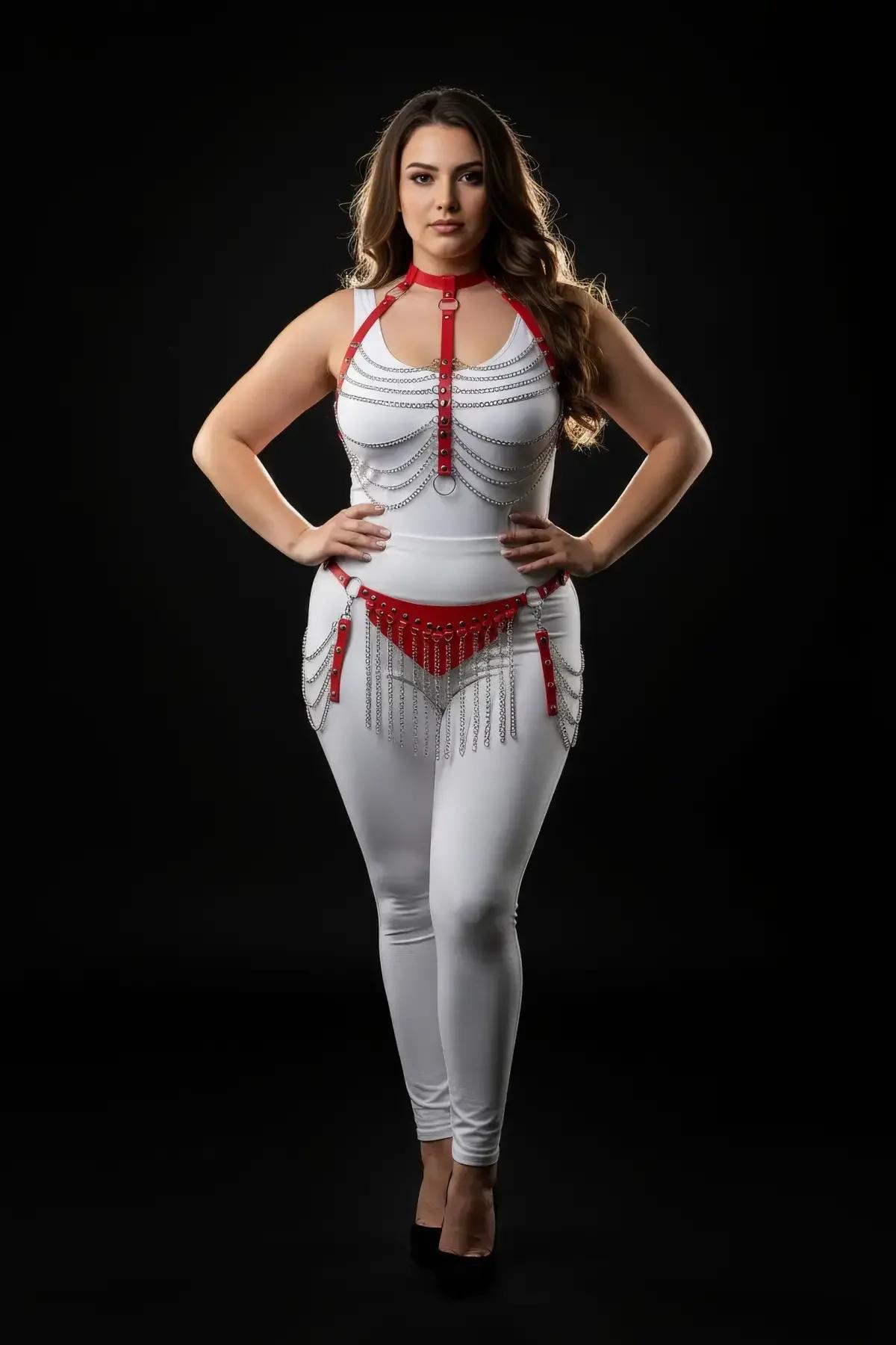 Red Faux Leather Harness Set with Chain Fringe
