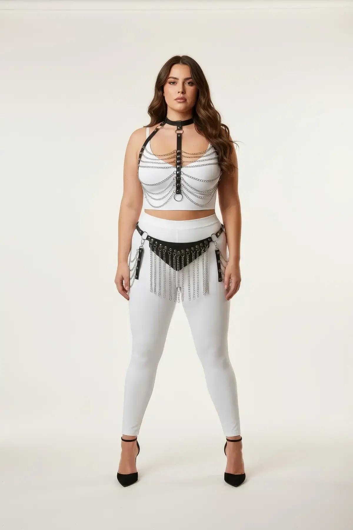Black Faux Leather Chain Harness Set with Fringe Belt