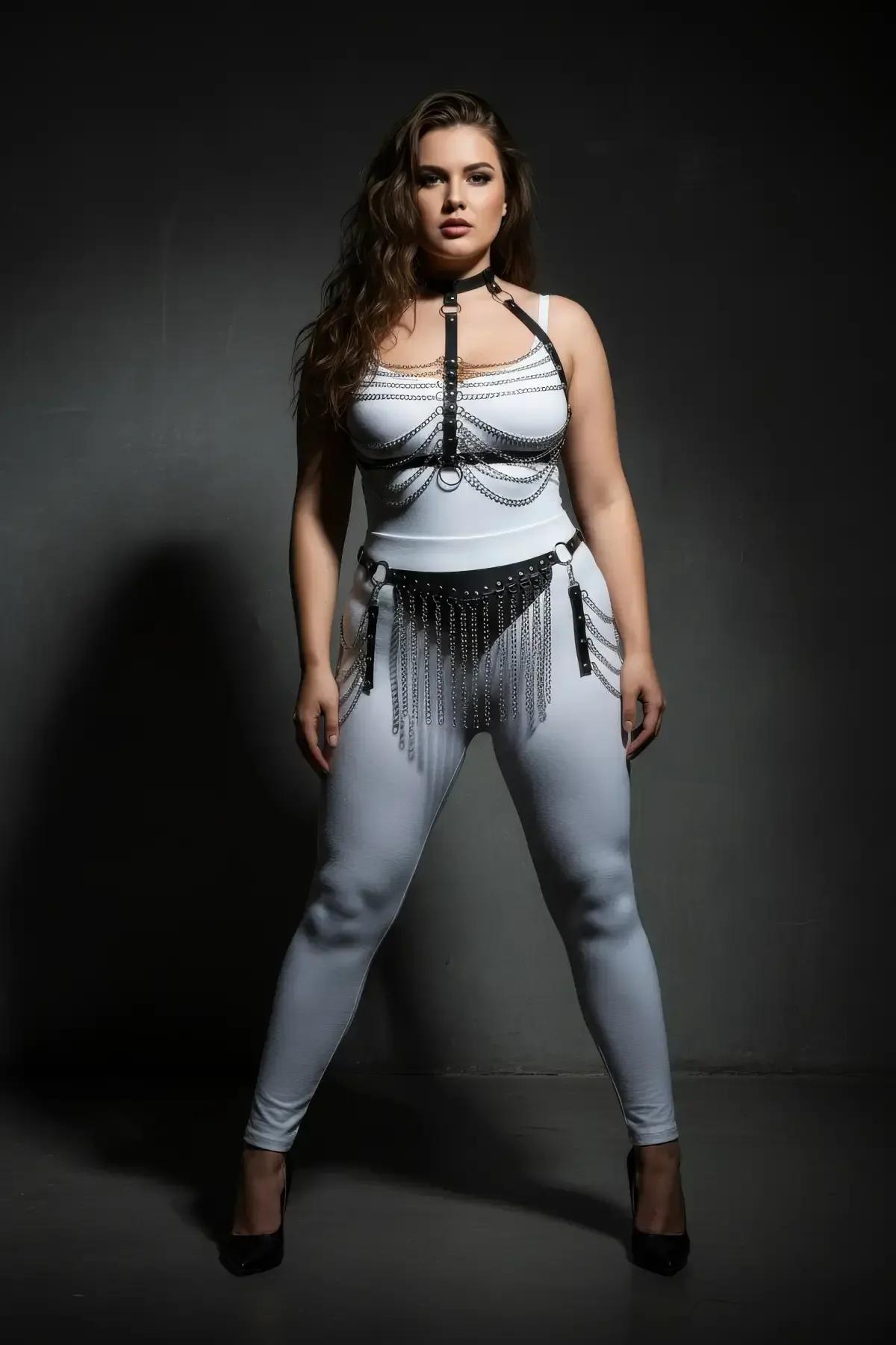 Black Faux Leather Chain Harness Set with Fringe Belt