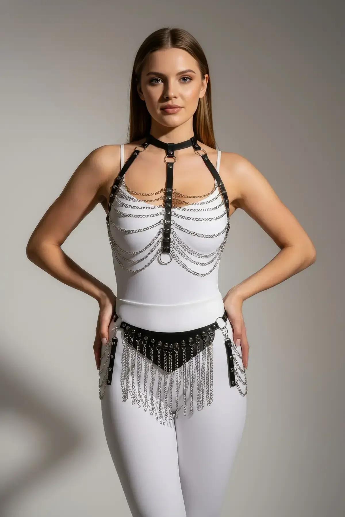 Black Faux Leather Body Harness with Draped Chain Skirt