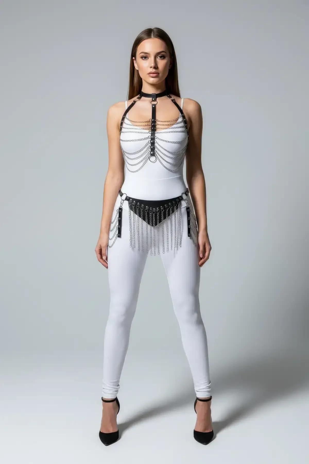 Black Faux Leather Body Harness with Draped Chain Skirt