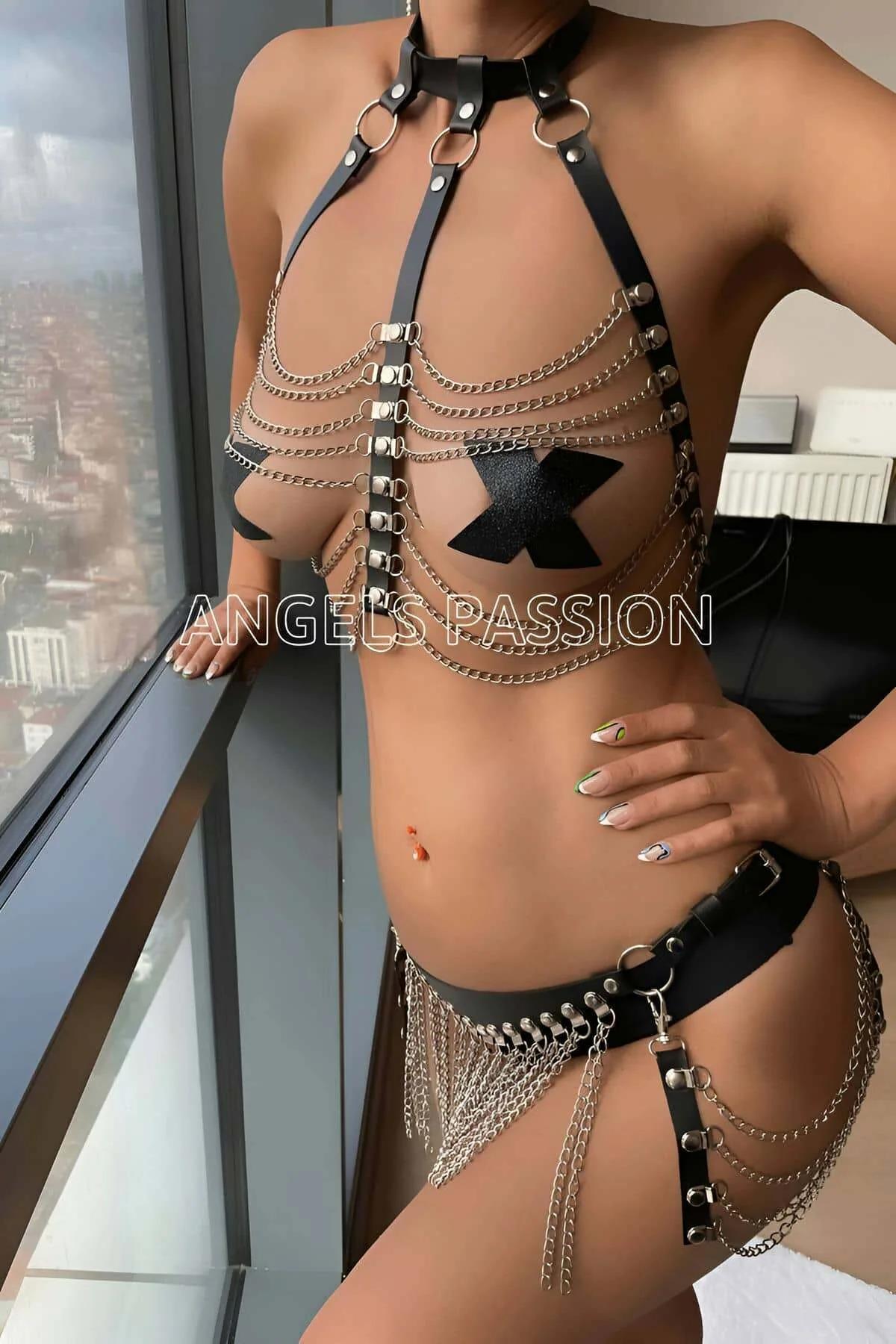 Leather Chain Body Harness Bralette Skirt Set Adjustable