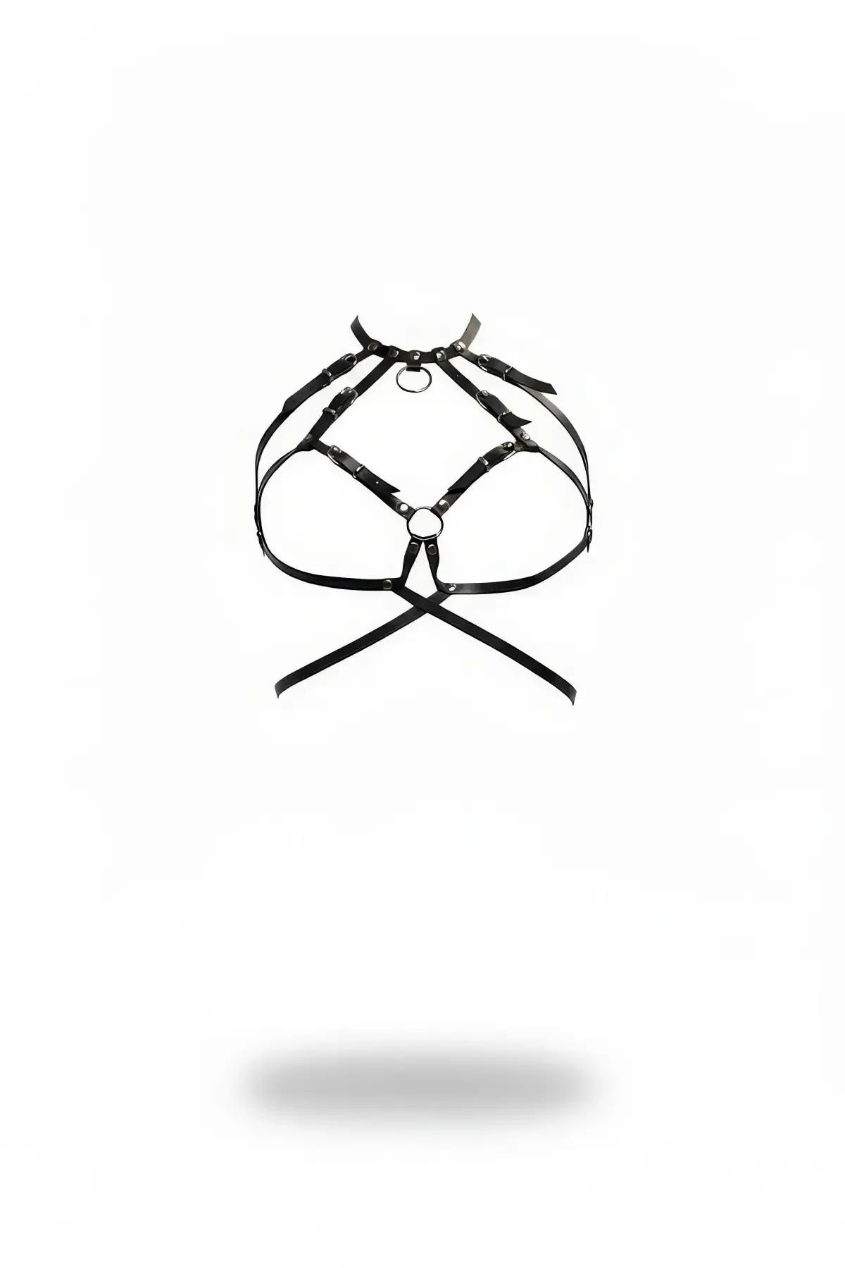 Caged Faux Leather Harness Bra with O-Ring Detail