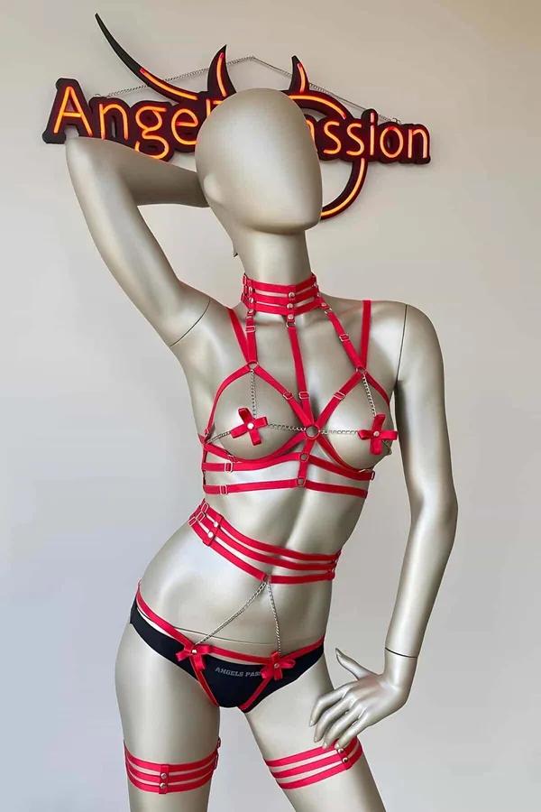 Red Strappy Body Harness with Chains & Bows
