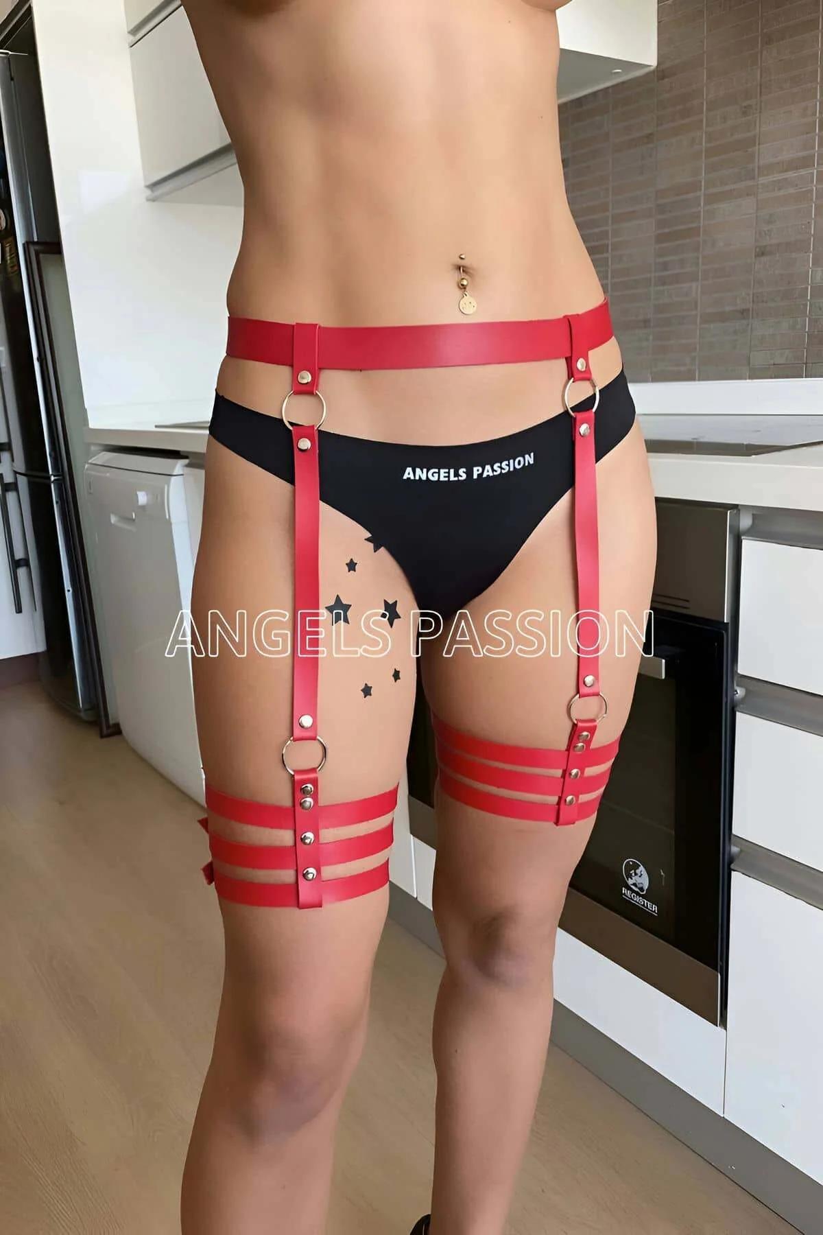 Red Leather Garter Harness with Adjustable Thigh Straps