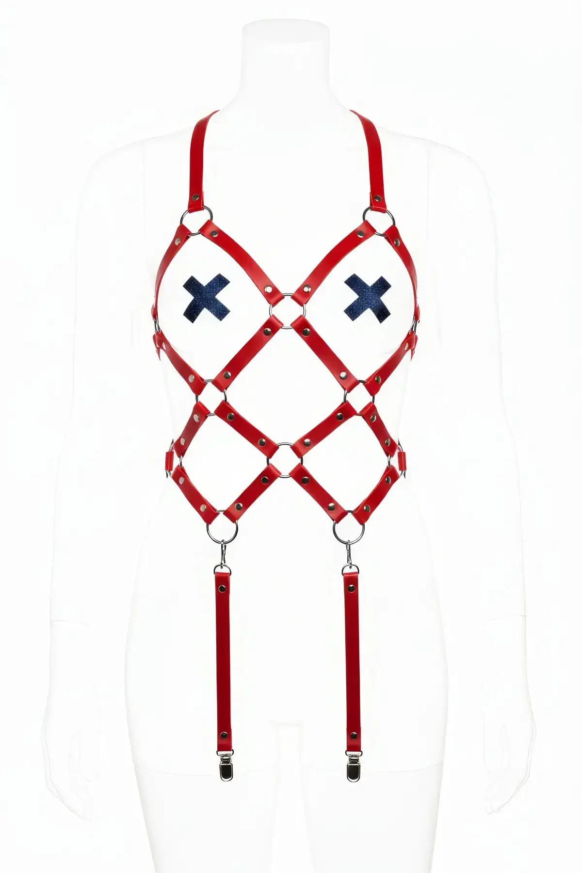 Body Harness Red Faux Leather Cage with X Detail Straps