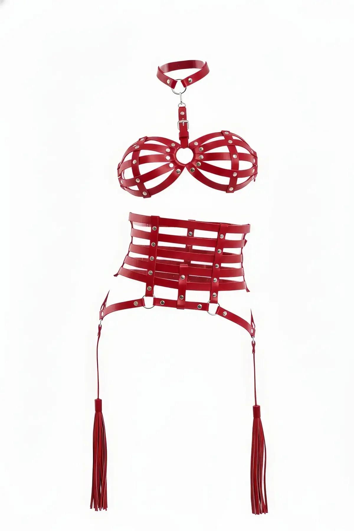 Red Caged Harness Set with O-Ring and Garter Tassels