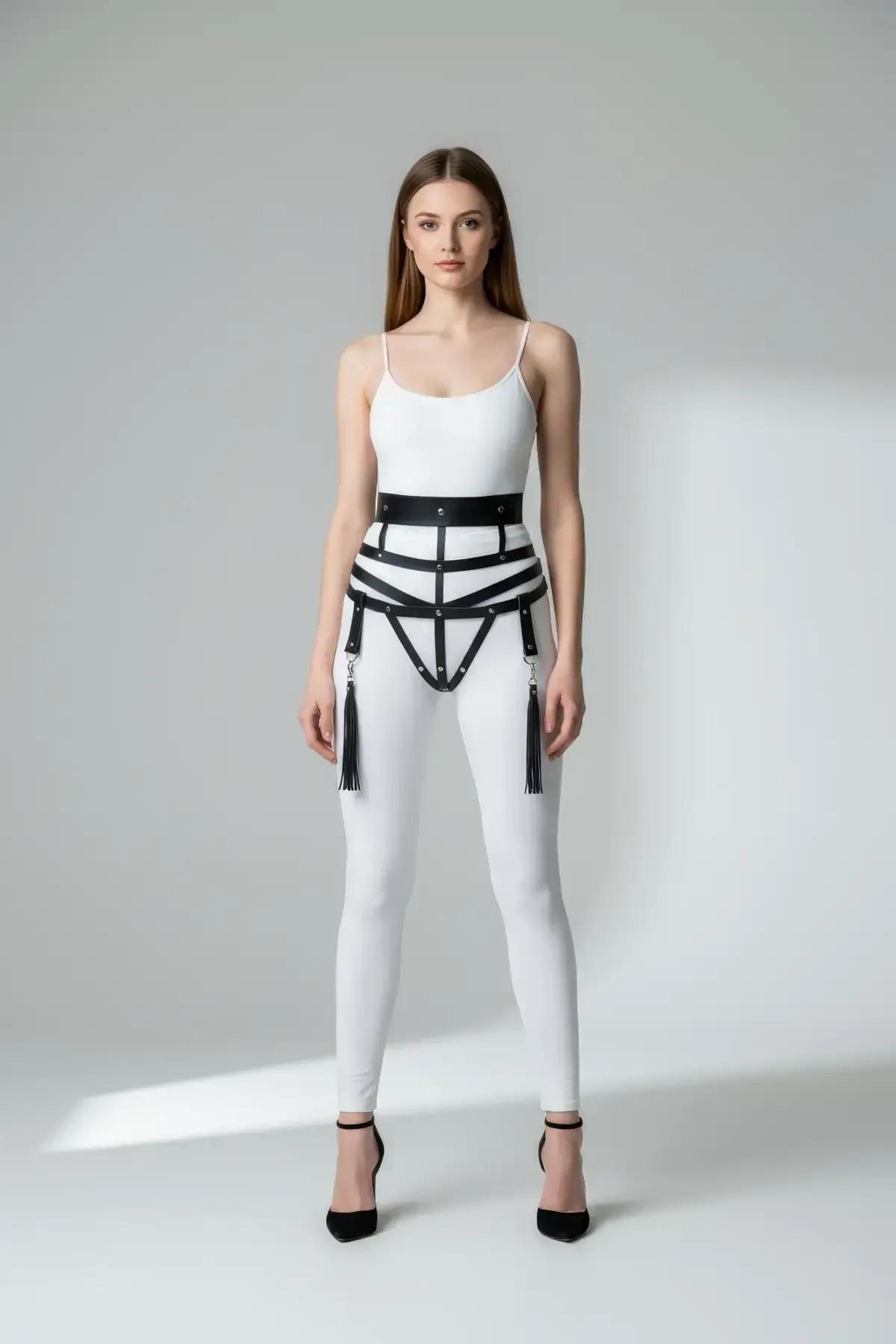 Wide Faux Leather Caged Waist Harness with Tassels