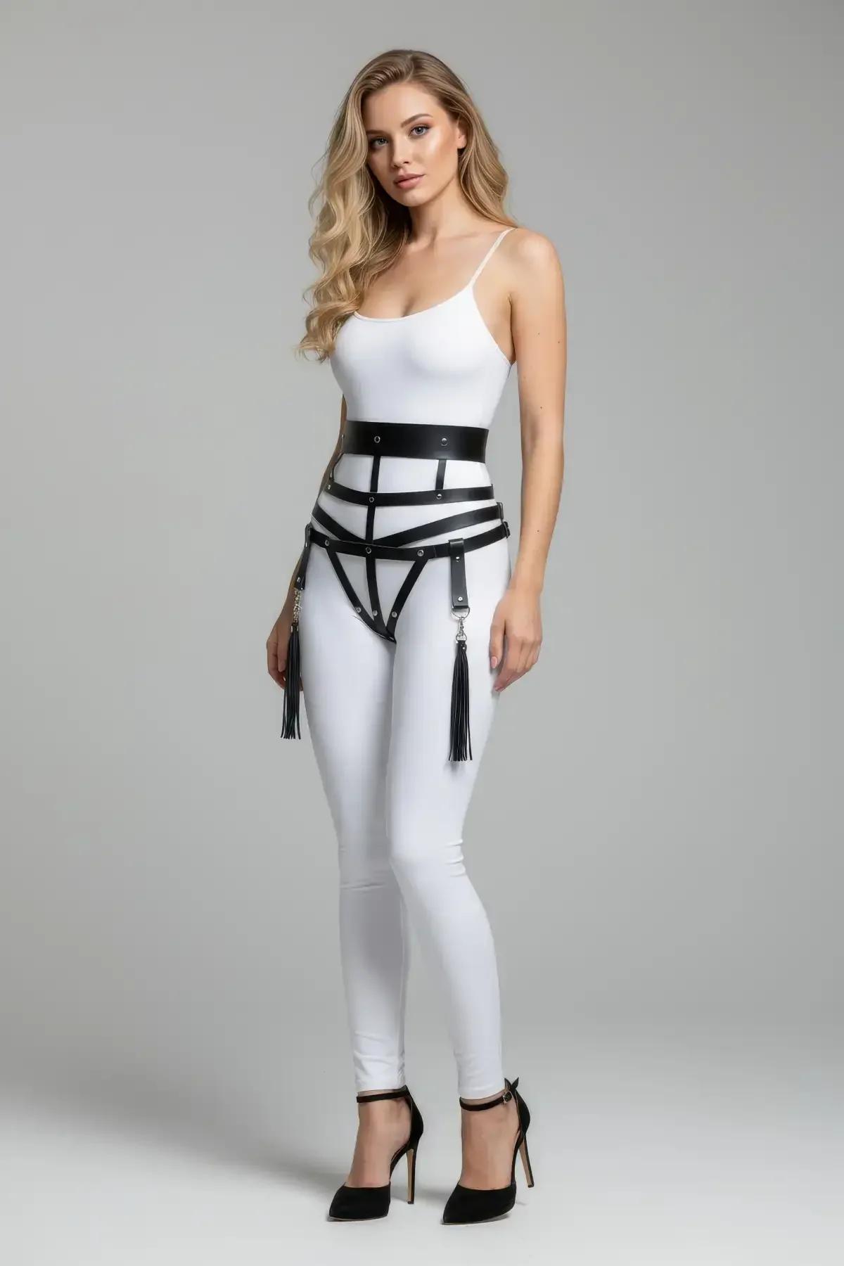 Wide Faux Leather Caged Waist Harness with Tassels