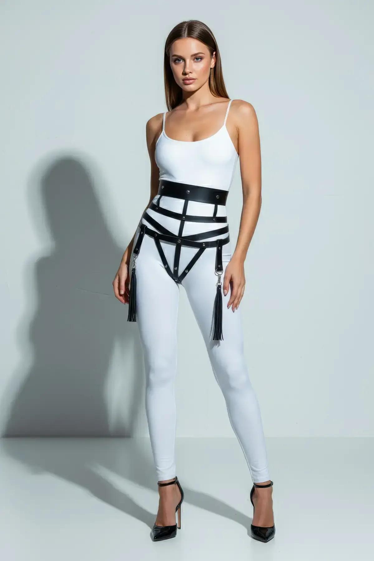 Wide Faux Leather Caged Waist Harness with Tassels