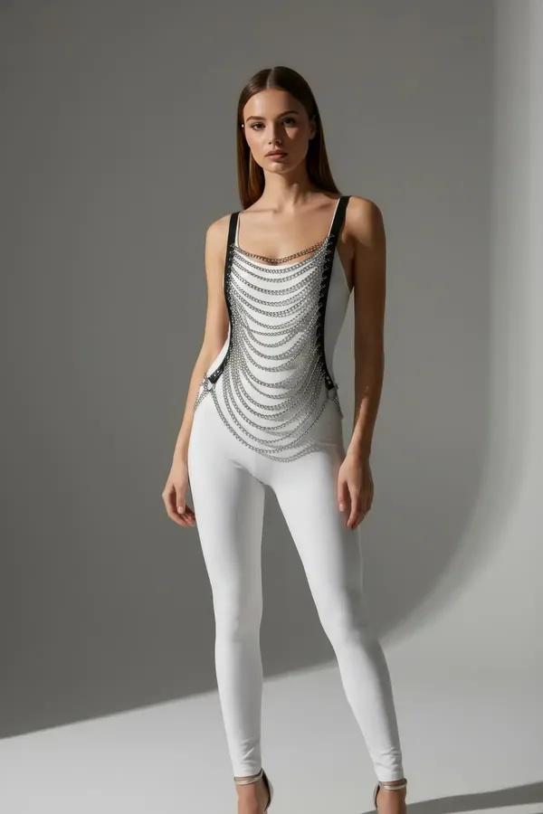 Chain Draped Body Harness with Faux Leather Straps