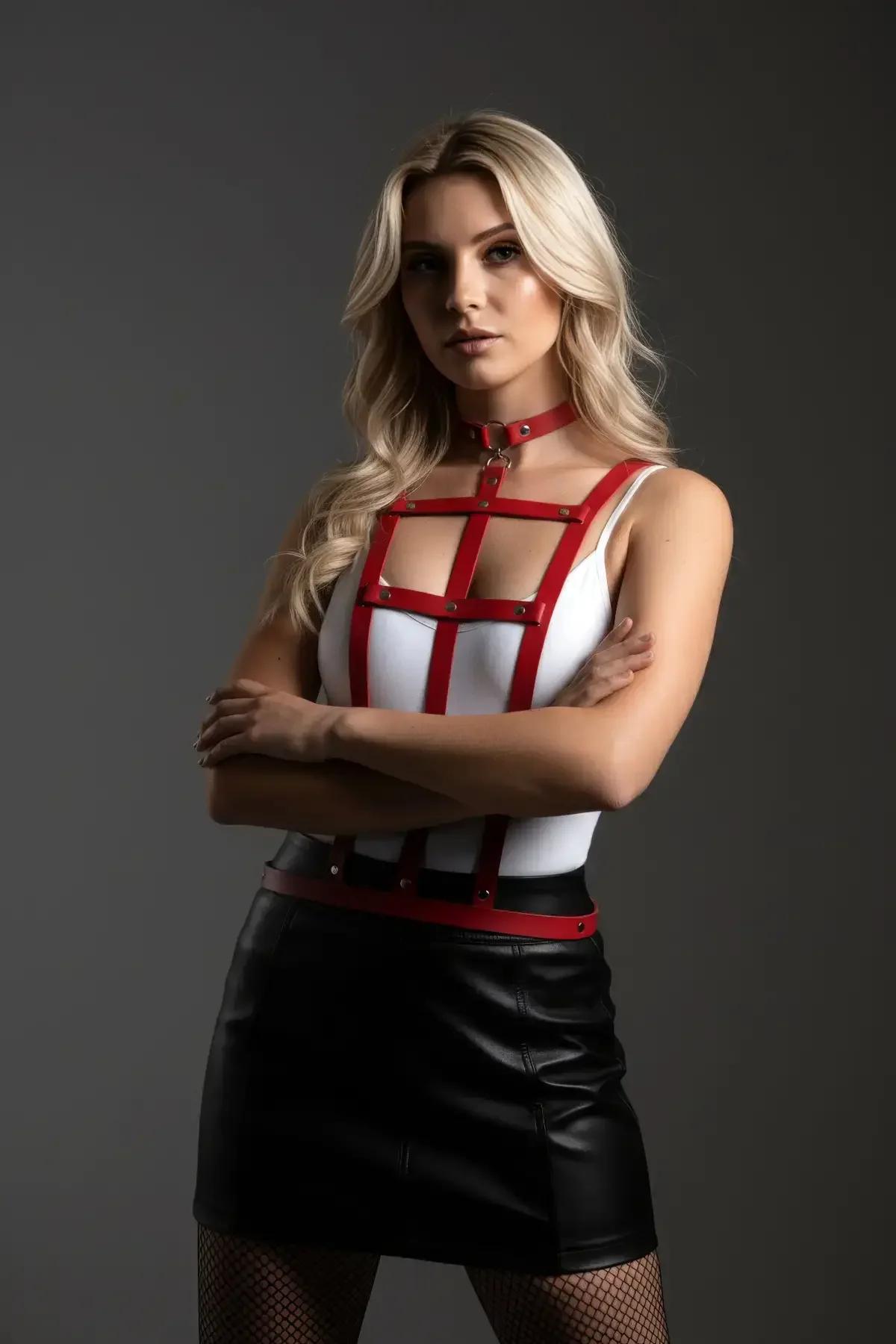 Red Faux Leather Caged Body Harness with Choker Collar