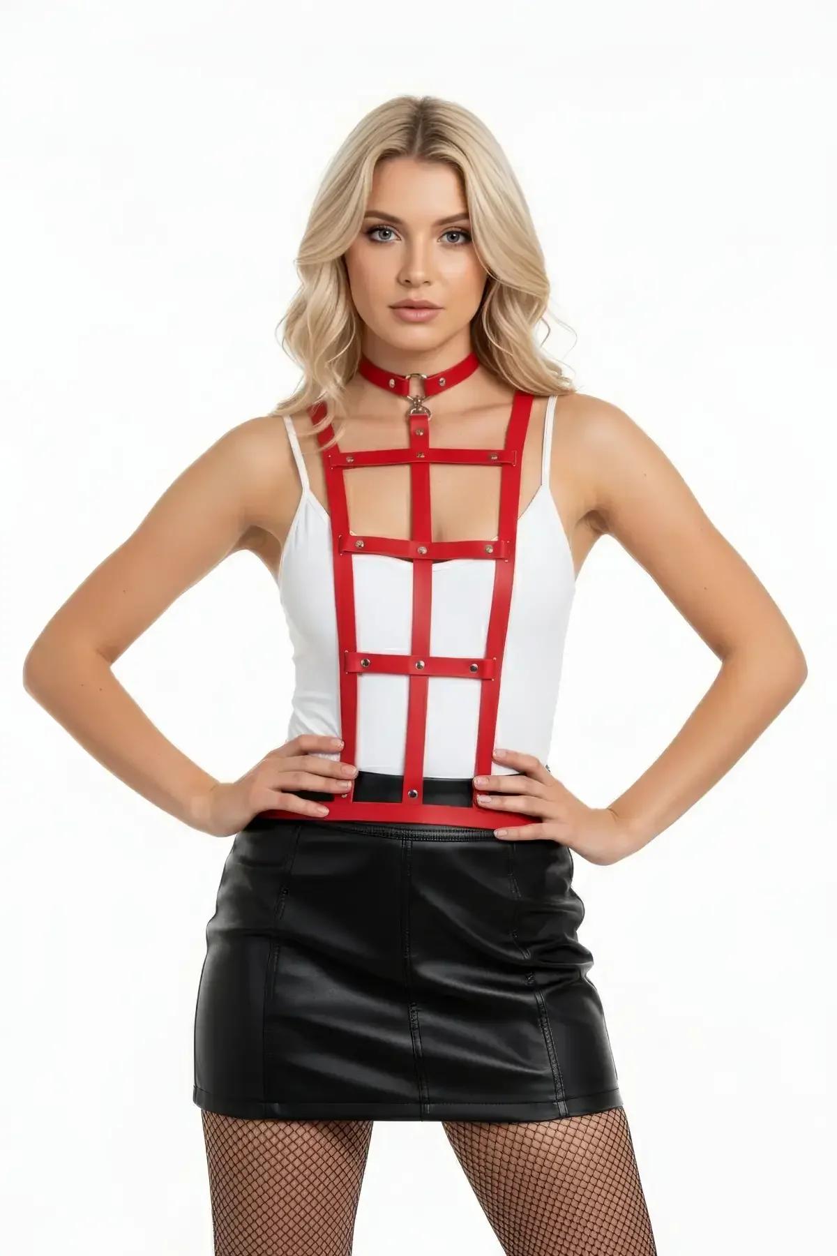 Red Faux Leather Caged Body Harness with Choker Collar