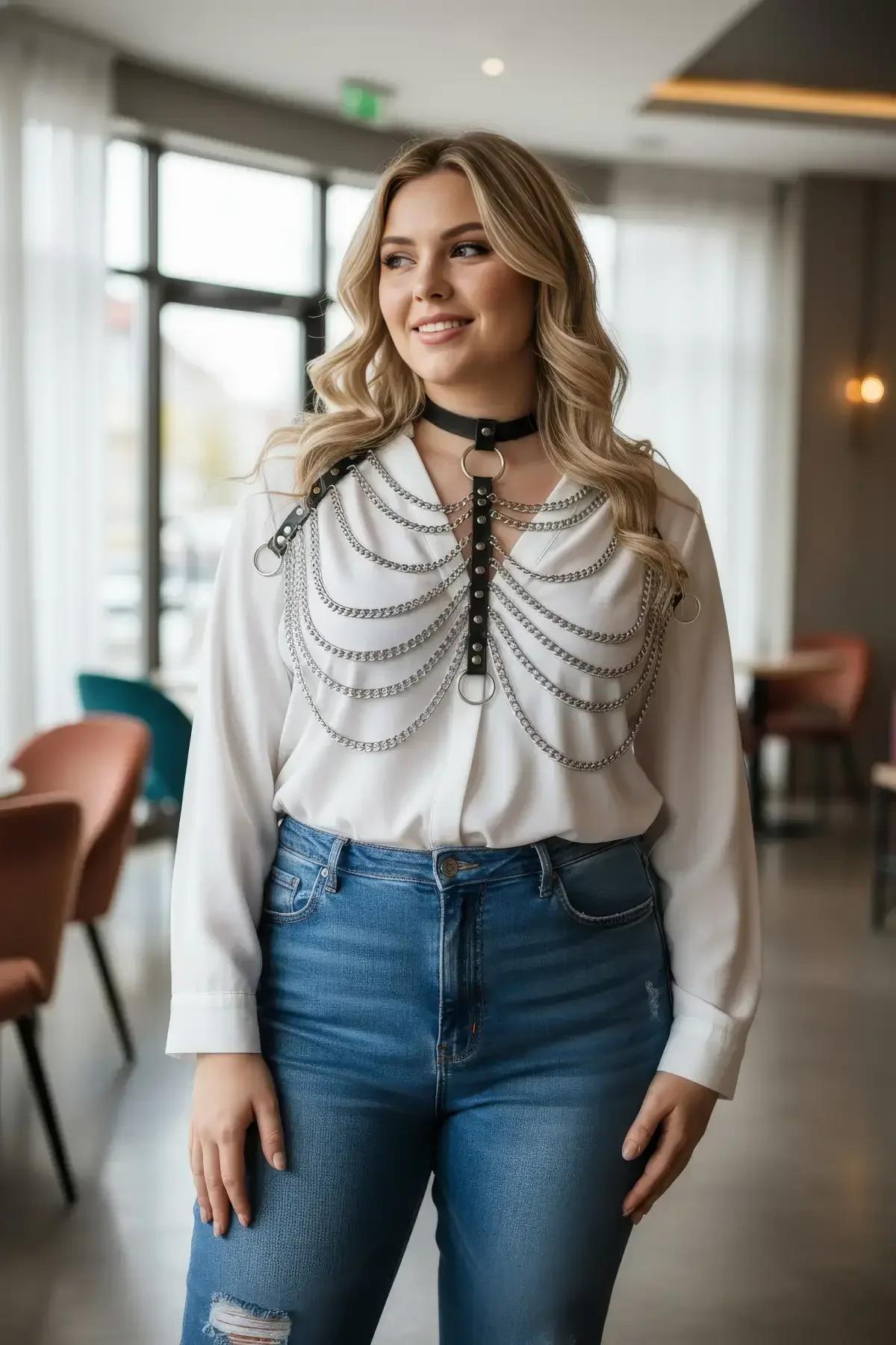 Faux Leather Choker Harness with Cascading Chains