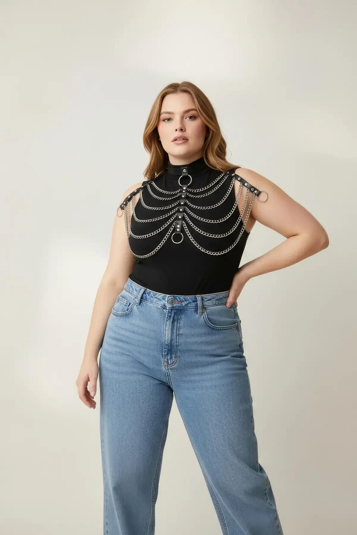 Faux Leather Choker Harness with Cascading Chains
